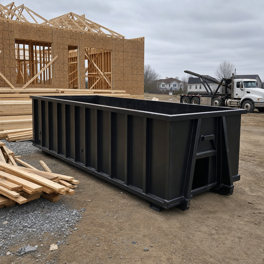 Matte-black 40-yard roll-off dumpster staged on a framed-out residential construction site in Davenport, framing lumber stacked nearby, hooklift delivery truck visible in the background under bright Colorado daylight