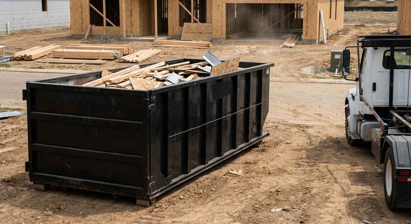 Matte-black 20-yard roll-off construction dumpster with heavy ribbed steel sidewalls and swing rear doors at a working jobsite in Davenport, sitting directly on compacted dirt with an unmarked white hauler partially visible at the far edge of the frame.