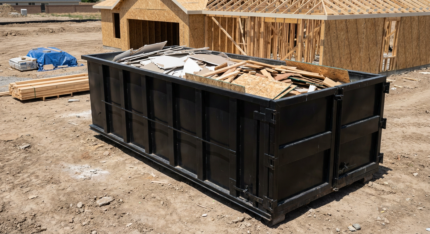 Matte-black 30-yard roll-off construction dumpster sitting directly on the compacted-dirt site of a framed single-family home build in Davenport, drywall and lumber scrap loaded inside.