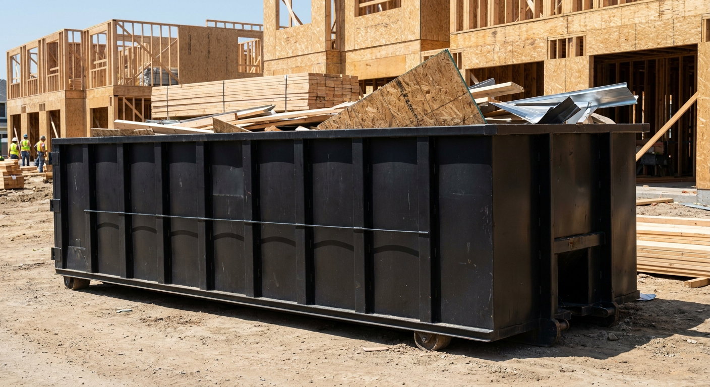 Matte-black 40-yard roll-off construction dumpster being lowered from a white-cab hooklift delivery truck onto the compacted-dirt jobsite at a commercial build site in Davenport
