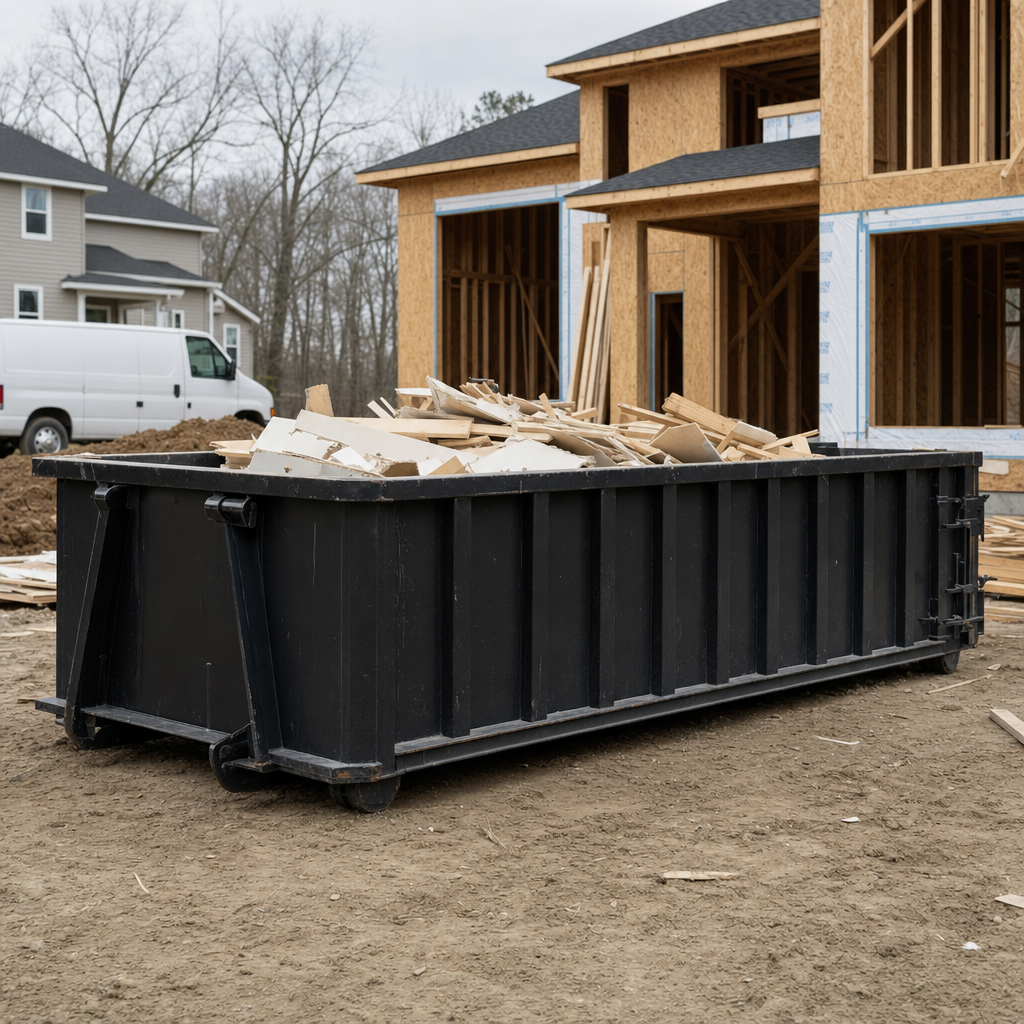 Worker in a yellow high-visibility vest tossing framing lumber and broken drywall into a matte-black 30-yard construction roll-off dumpster on an active build site in Davenport, bright daylight