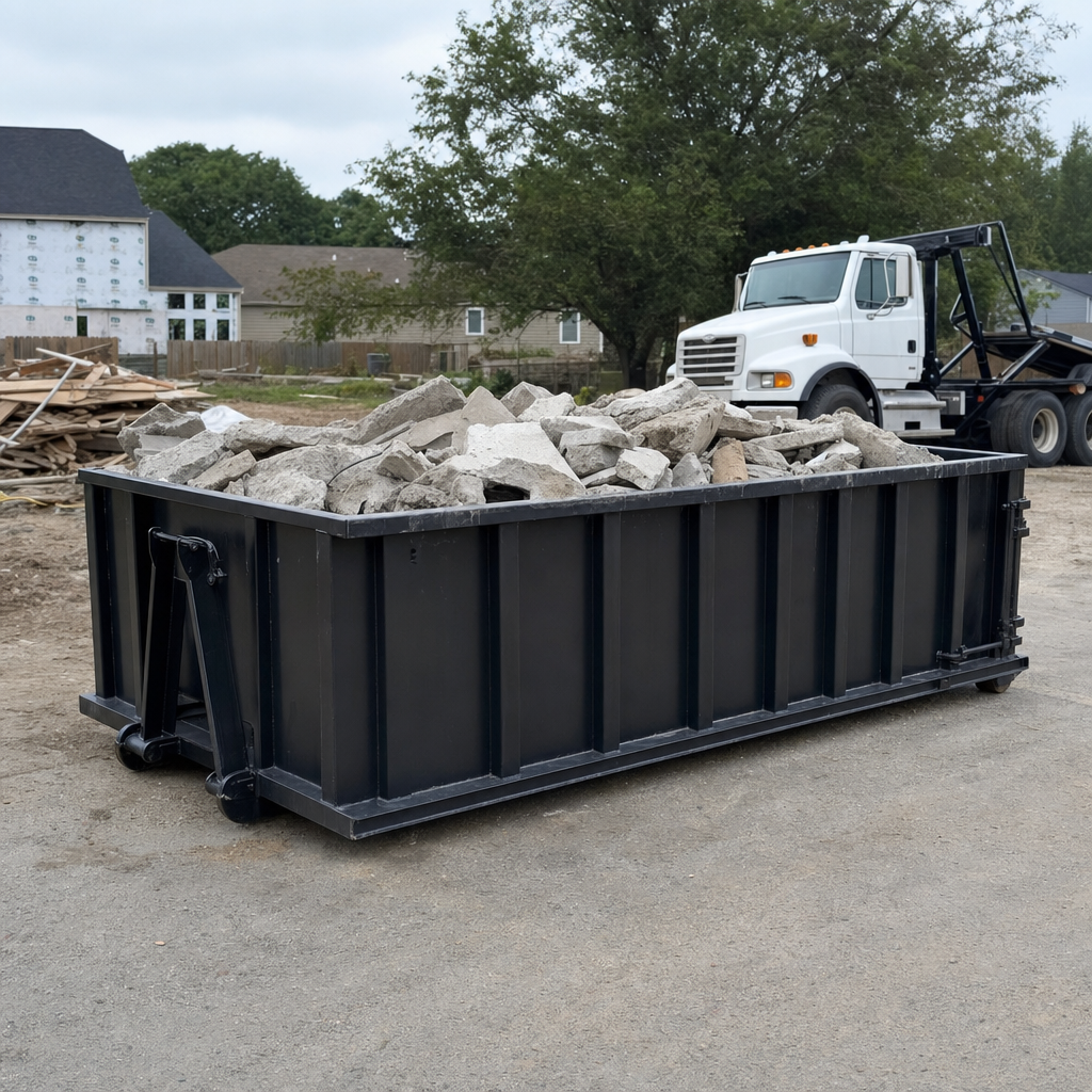 Low-profile matte-black lowboy roll-off dumpster loaded with broken concrete slab and rebar at a foundation tear-out in Davenport, skid steer parked beside it, sunny Colorado morning