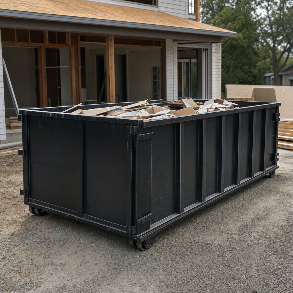 Large matte-black 30-yard construction roll-off dumpster at an active Davenport jobsite, steel-gray top rails and bottom rollers visible, loaded with construction debris.