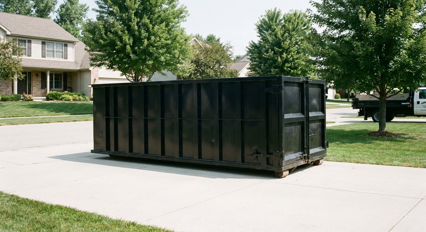 Matte-black 20-yard roll-off dumpster sitting level on a clean Davenport residential concrete driveway under bright daylight, demonstrating clean placement directly on the concrete.