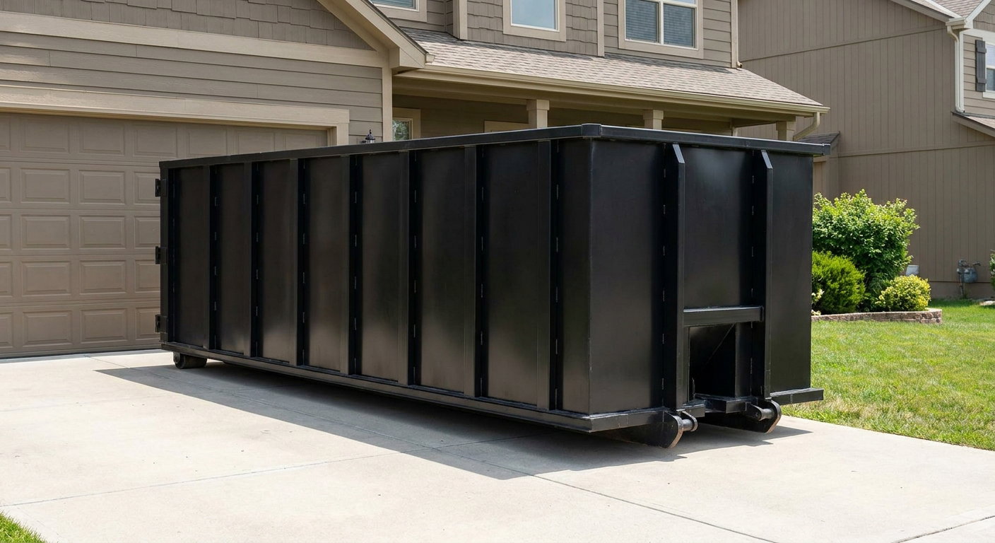 Matte-black residential roll-off dumpster sitting directly on a suburban Davenport concrete driveway, garage door closed, single-family home in background, bright morning daylight.