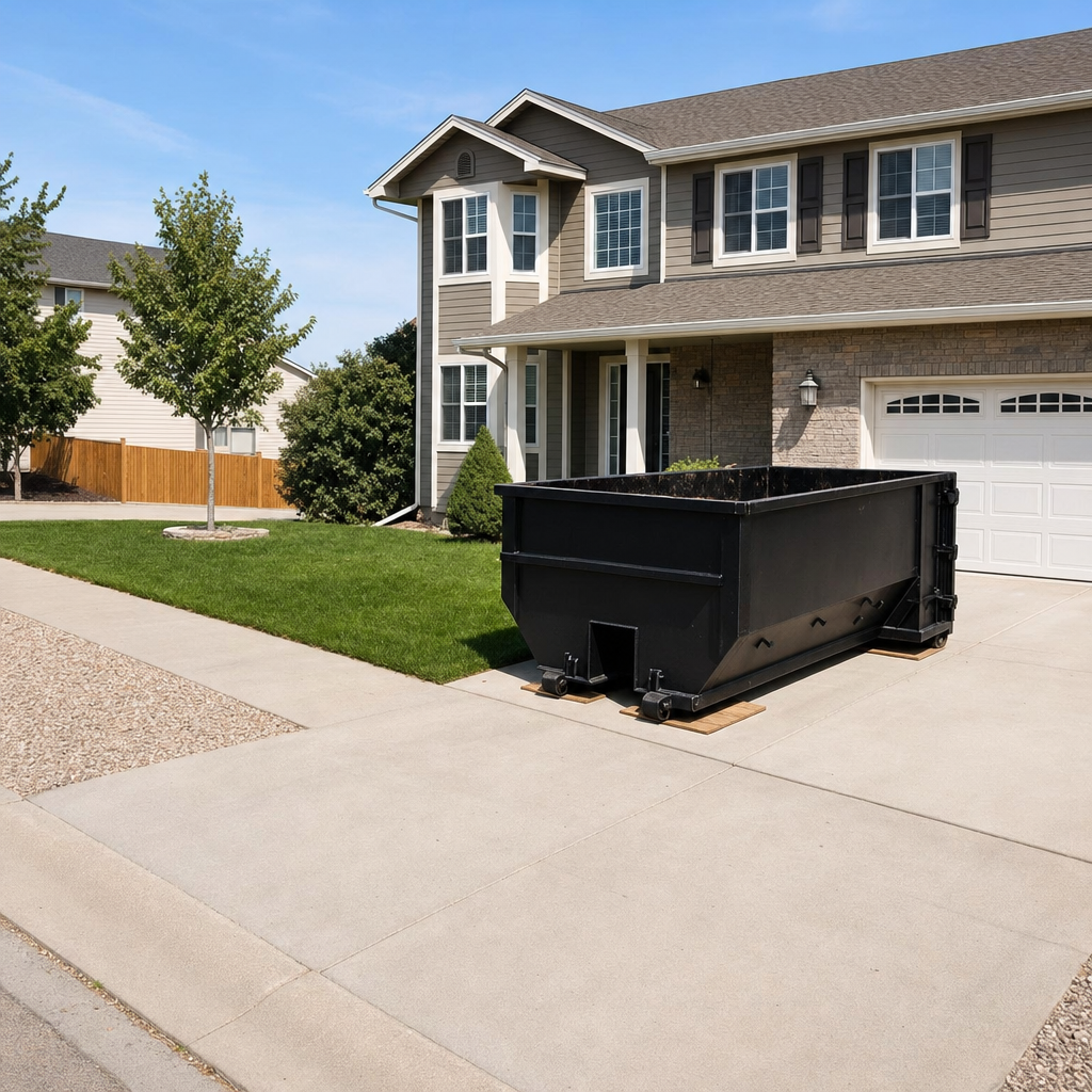 10-yard matte-black residential dumpster placed directly on a narrow Davenport concrete driveway, room remains for a parked sedan beside it, mid-morning natural light