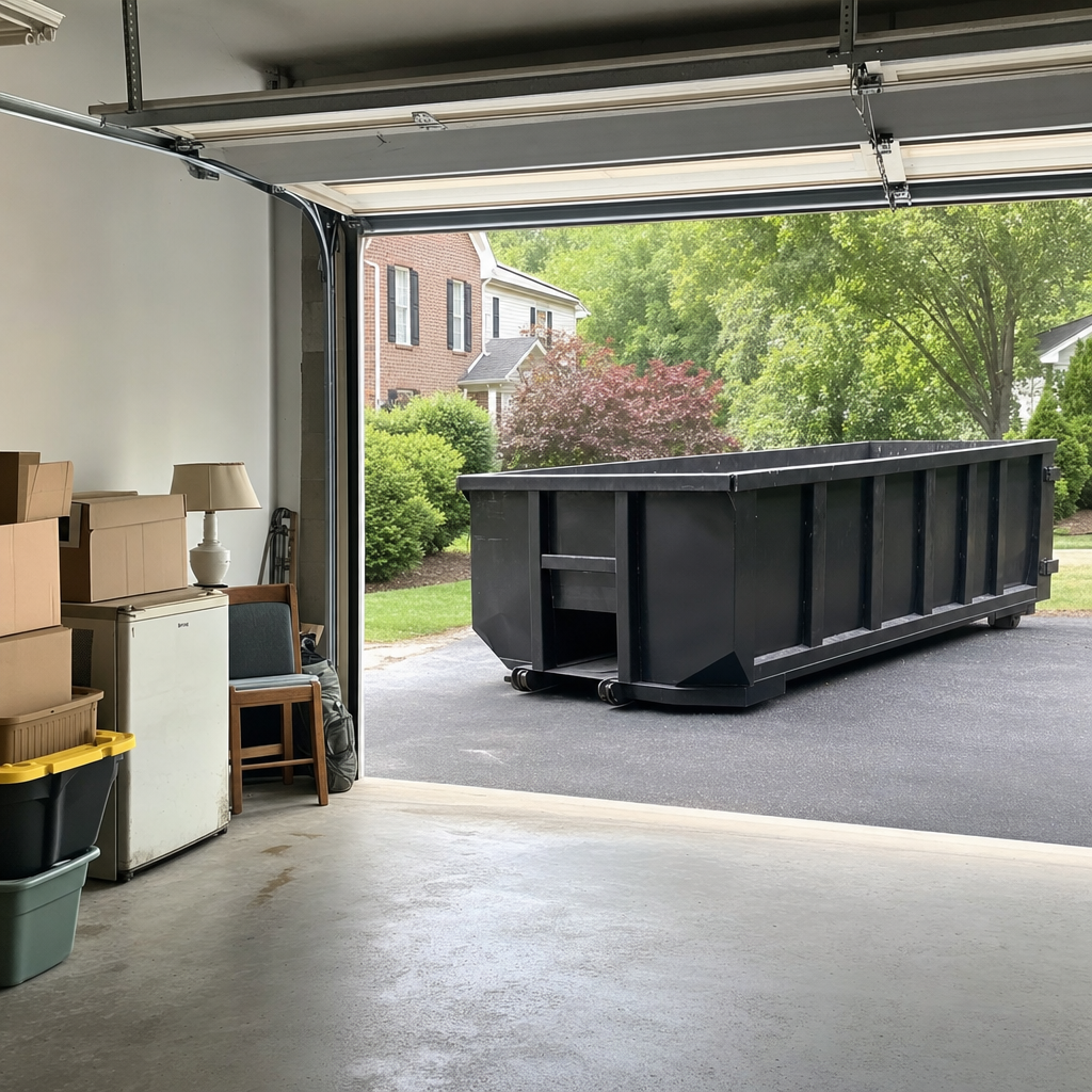 Open garage interior in a Davenport home mid-cleanout — boxed items, an old appliance, and stacked yard tools queued near the driveway for a matte-black roll-off dumpster, organized and calm