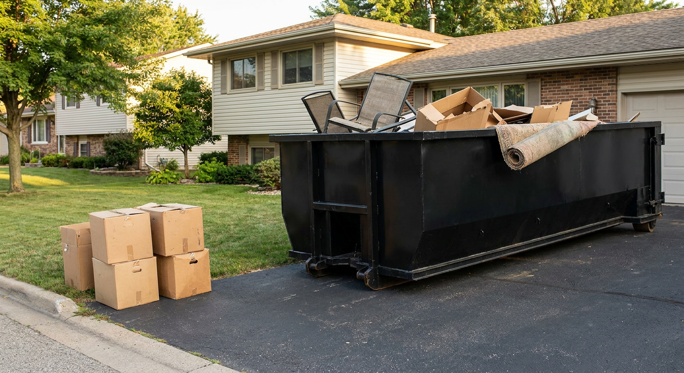Front-yard view of a Davenport split-level home with a 20-yard matte-black roll-off dumpster sitting directly on the asphalt driveway, a few clearly labeled donation boxes staged at the curb, calm sunny afternoon.