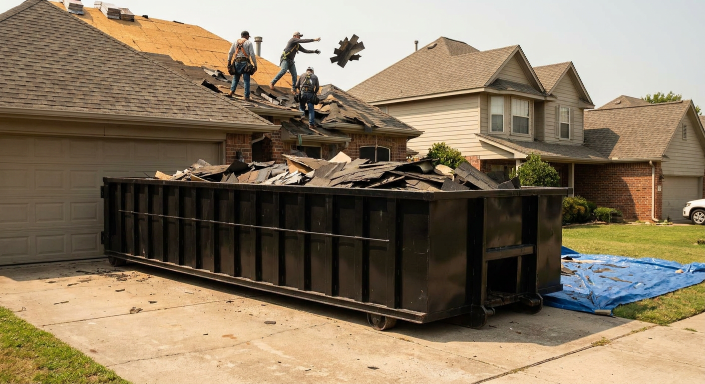 Matte-black roofing roll-off dumpster placed directly on a Davenport residential concrete driveway, a tear-off crew on a two-story asphalt-shingle roof tossing shingle bundles into the low-walled container, bright daylight, documentary 35mm perspective.