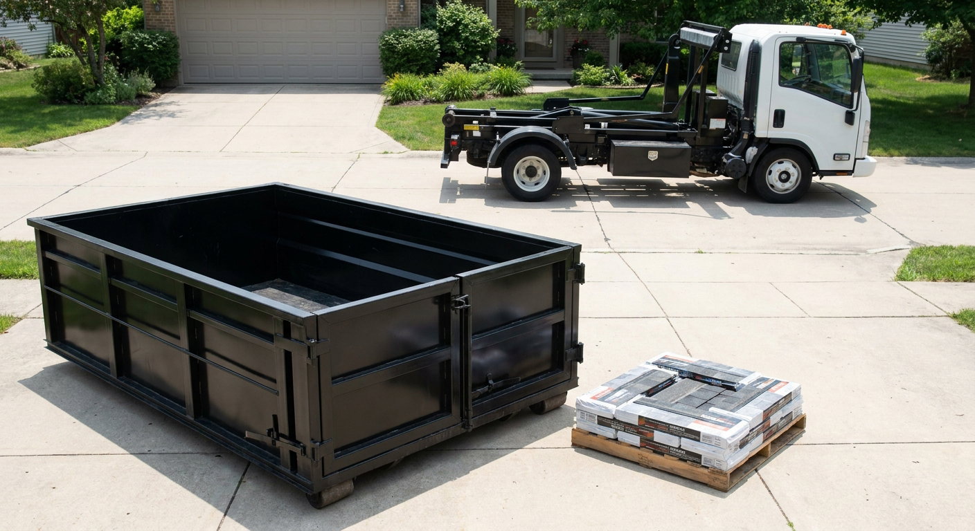 Matte-black 15-yard roofing roll-off dumpster with reinforced low side walls sitting directly on a Davenport residential concrete driveway, three-tab asphalt shingle bundles stacked nearby, an unmarked white hauler truck partially visible at the edge of the frame.