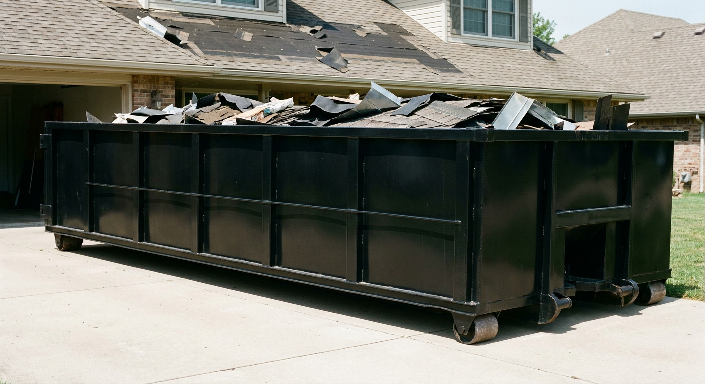 Matte-black 20-yard roofing roll-off dumpster with steel ribbed sides and swinging rear door, sitting directly on the concrete driveway of a two-story Davenport home, asphalt shingle debris being loaded over the low wall, clean documentary lighting.