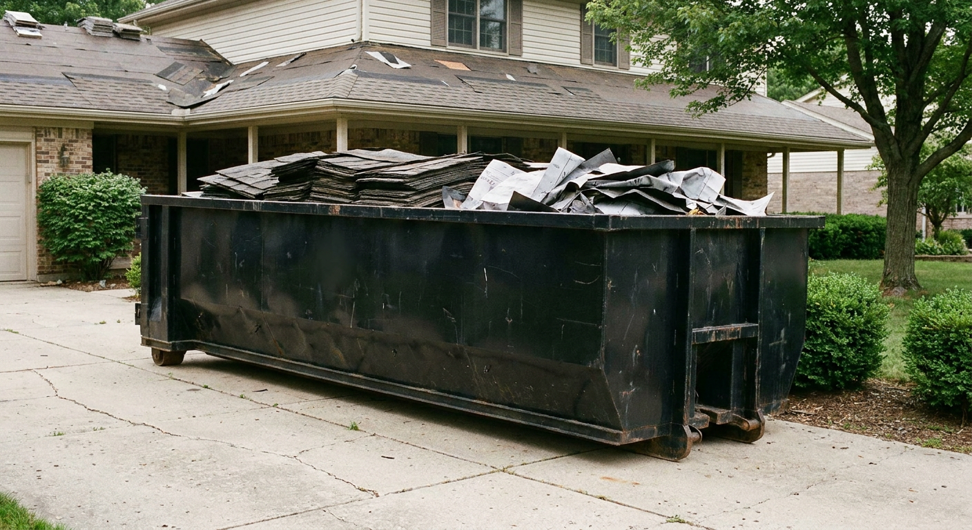 Matte-black 30-yard roofing roll-off dumpster sitting directly on a Davenport concrete driveway, taller ribbed steel side panels, mixed tear-off debris of asphalt shingles and underlayment inside, professional documentary daylight.
