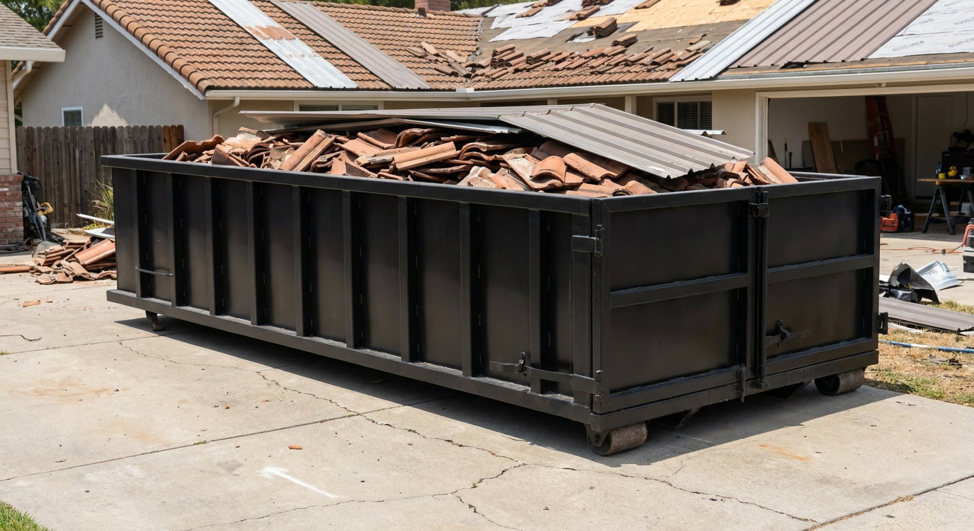 Matte-black low-wall heavy-debris roofing roll-off dumpster sitting directly on a Davenport concrete driveway, broken concrete clay roof tiles and metal panel sections loaded inside, reinforced ribbed steel side walls visible, bright outdoor daylight.