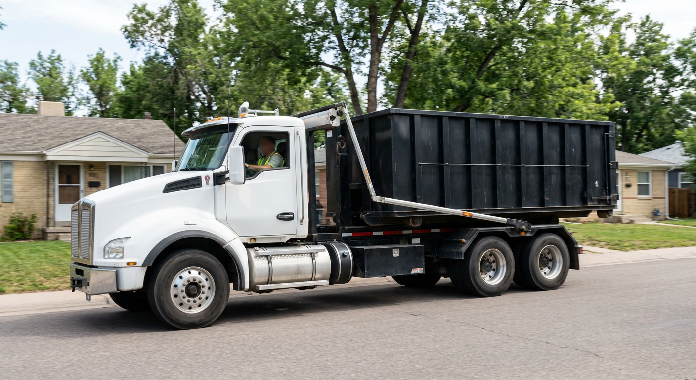 A wide documentary shot of a matte-black roll-off delivery truck pulling onto a quiet Davenport residential street at mid-morning, with neighborhood rooftops and tree-lined blocks visible behind, showing the metro coverage footprint.
