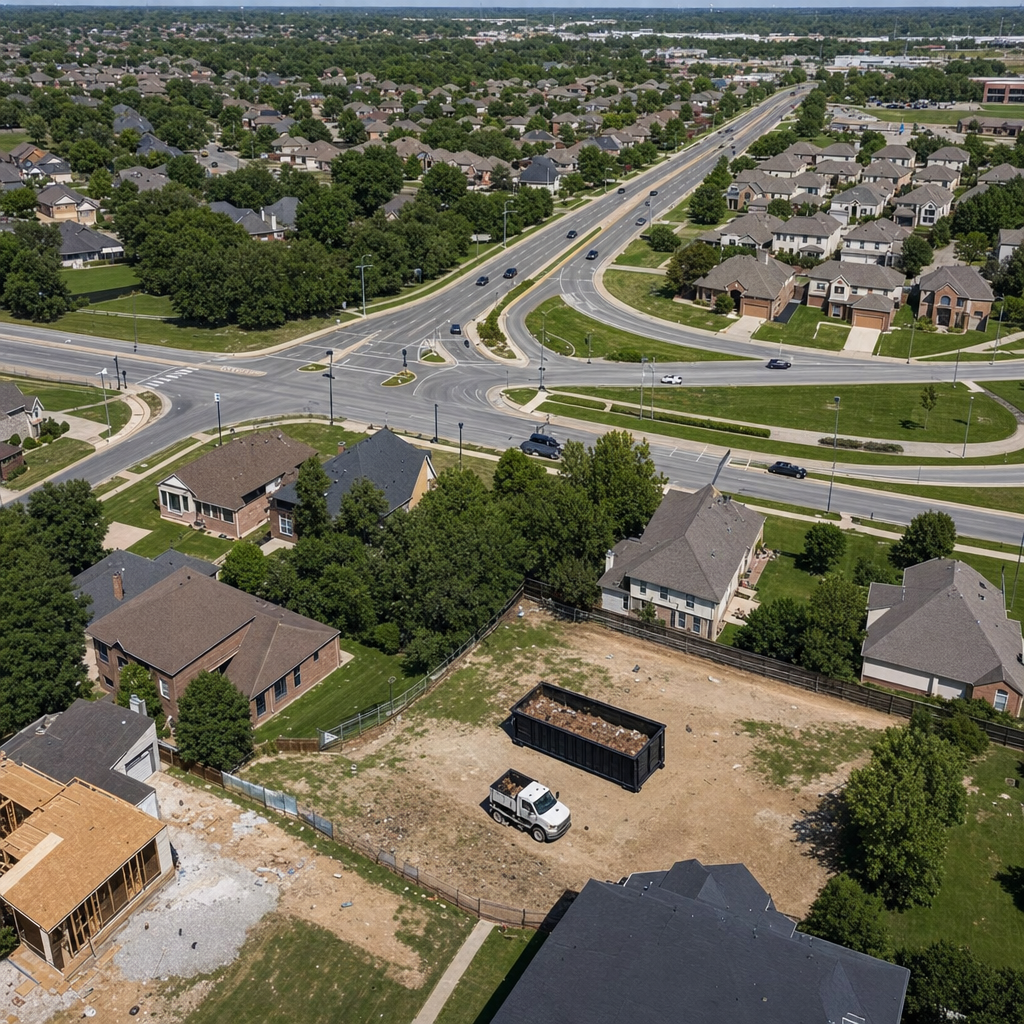 An overhead documentary view of the Davenport metro area at midday, showing the spread of neighborhoods, arterial roads, and the dispatch radius from a central yard — clean daylight, organized geographic layout.