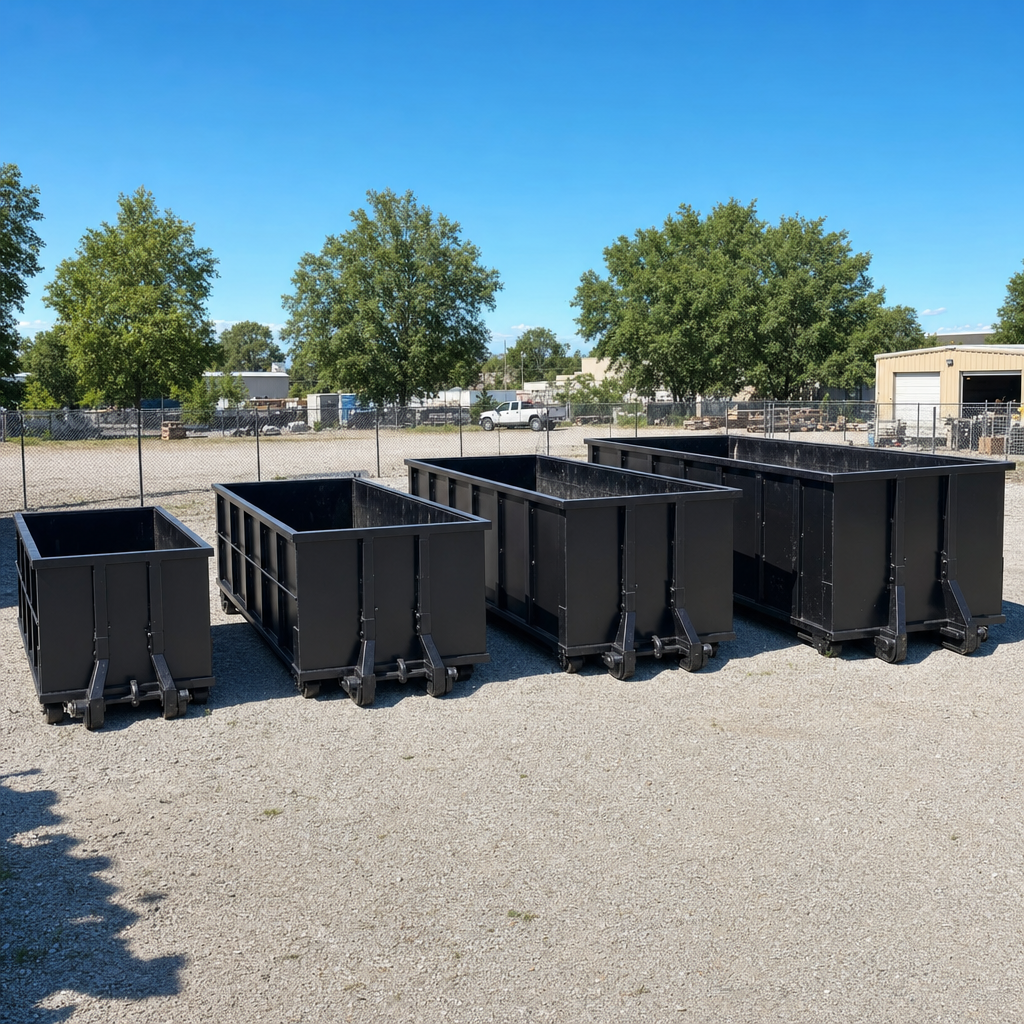A clean lineup of matte-black roll-off dumpsters in 10, 20, 30, and 40-yard sizes staged on a sunlit gravel yard in Davenport, showing the size progression from compact to commercial-scale containers.