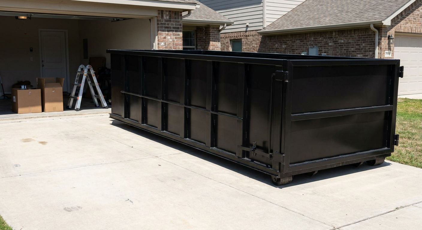 A matte-black 10-yard roll-off dumpster sitting directly on a residential Davenport concrete driveway, mid-day sunlight, clean and ready for a garage cleanout.