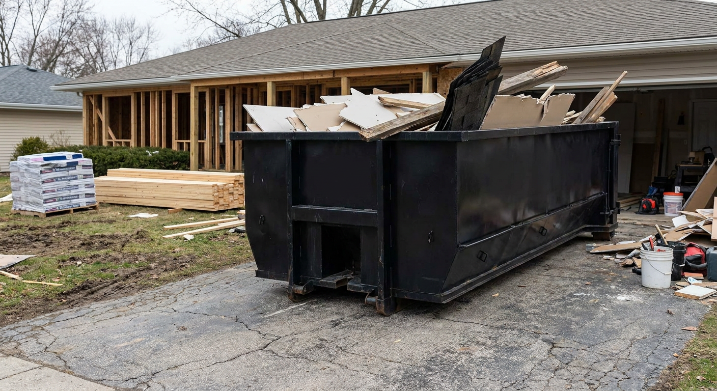 A matte-black 20-yard roll-off dumpster placed alongside a mid-renovation Davenport home directly on the asphalt driveway, with framing materials and torn-off shingles staged neatly nearby.
