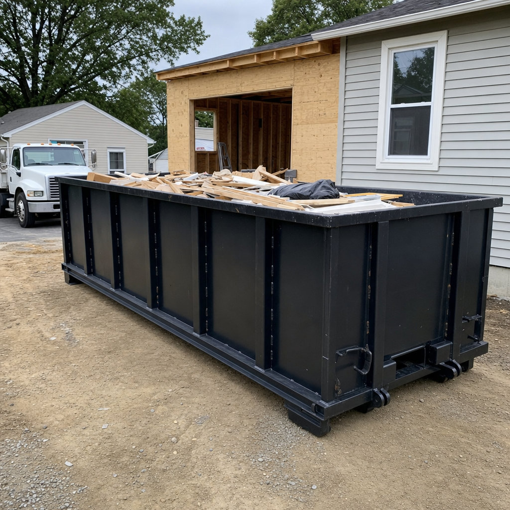 A matte-black 30-yard roll-off dumpster positioned at a Davenport residential addition jobsite, with framing lumber and drywall scraps loaded through the open swinging rear doors.