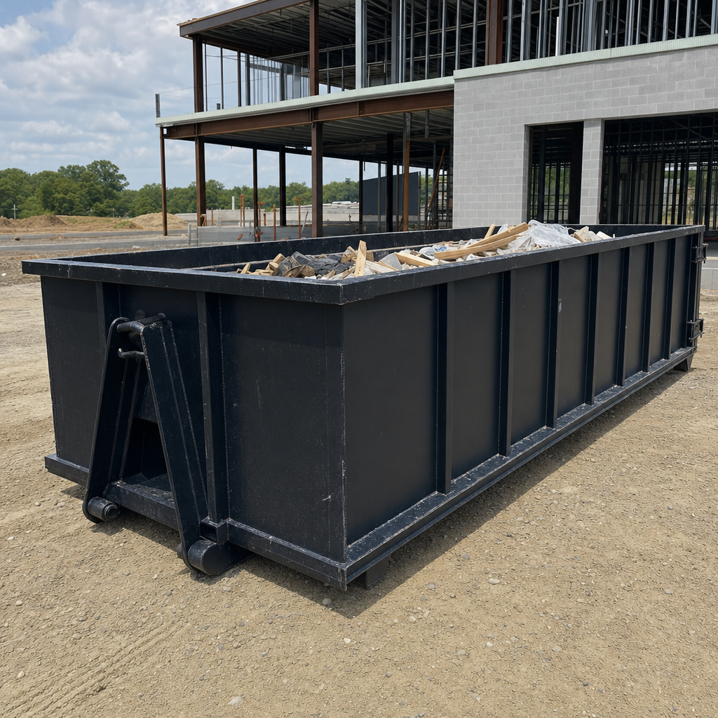 A matte-black 40-yard roll-off dumpster staged on a large Davenport commercial construction lot, with a hooklift delivery truck parked alongside under bright midday sky.