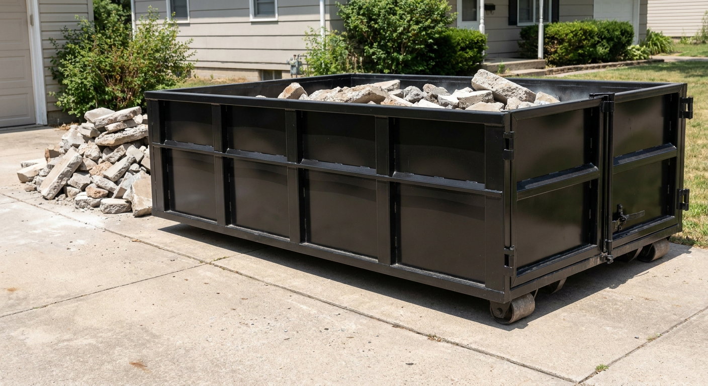 A matte-black low-side heavy-debris roll-off dumpster placed directly on a Davenport concrete driveway, with broken concrete chunks neatly stacked beside it under clean daylight.